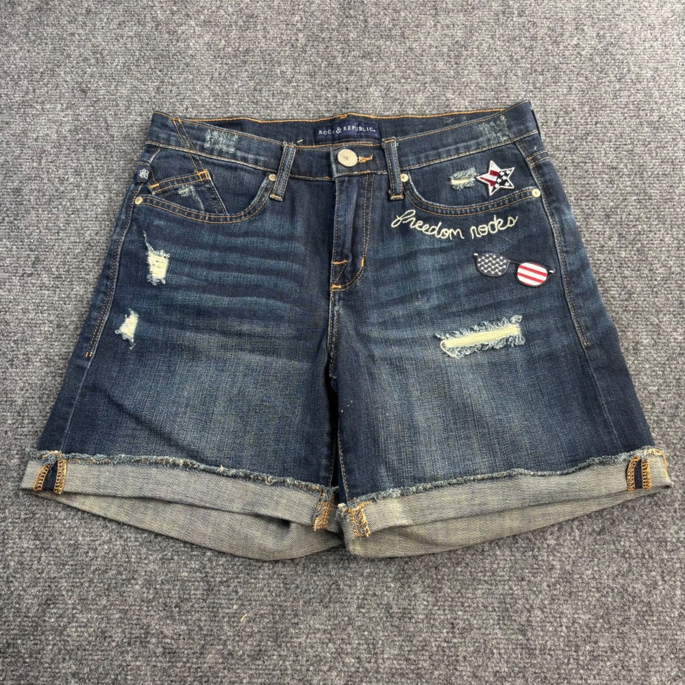 Rock & Republic Bumpershoot Shorts Womens 8 Dark Wash Americana Distressed